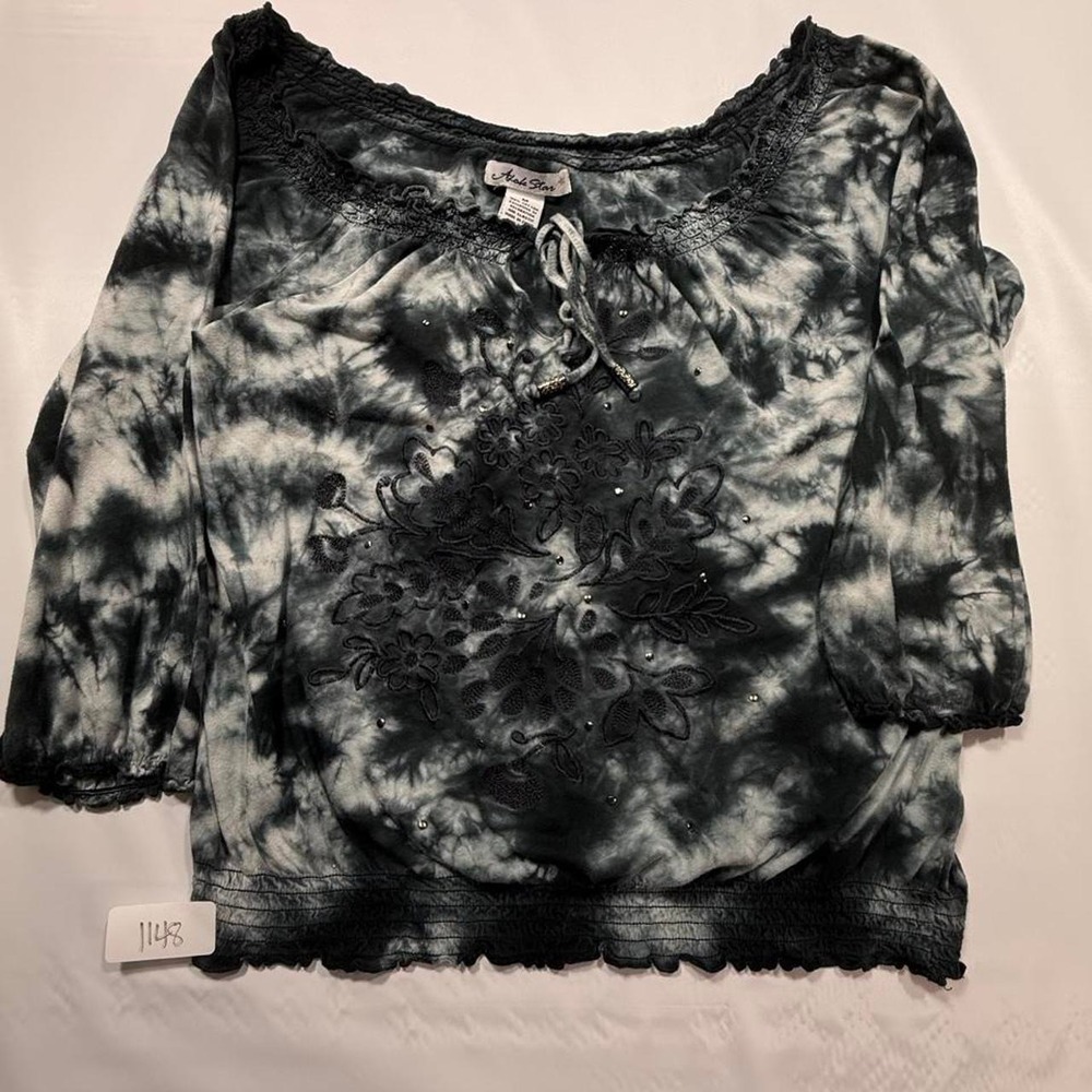 Adore Star Blouse M Black White Tie Dye Lace Beaded Fairycore Whimsygoth Casual
